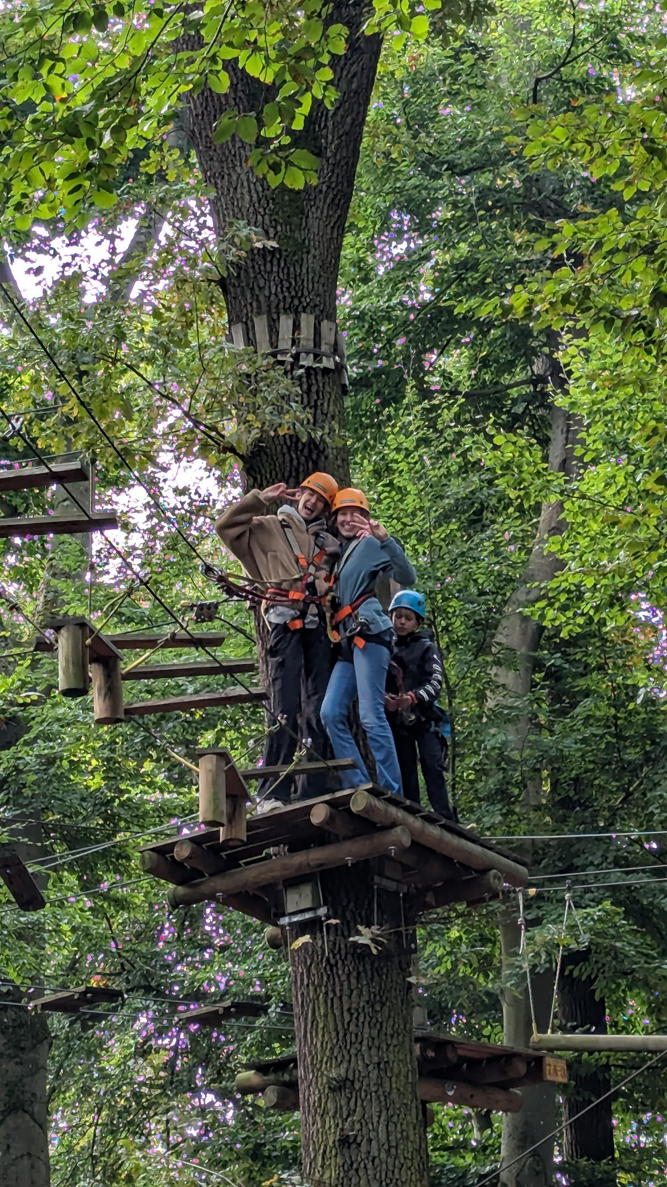 Gruppe auf einer Plattform hoch oben im Hochseilgarten
